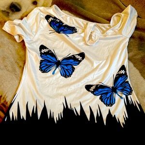 White blue and black butterfly shirt
